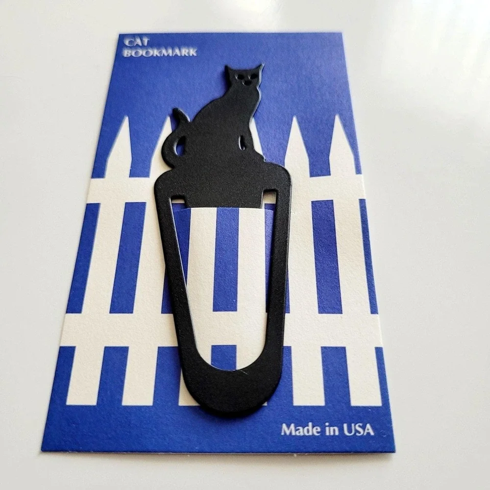 Vintage 90s Black Cat Bookmark Metal Clip fence blue USA Barnes Nobel Swing 1994
